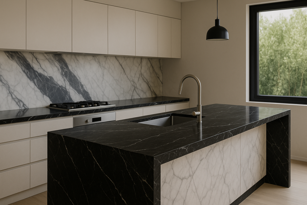 Cocina de mármol negro y blanco.