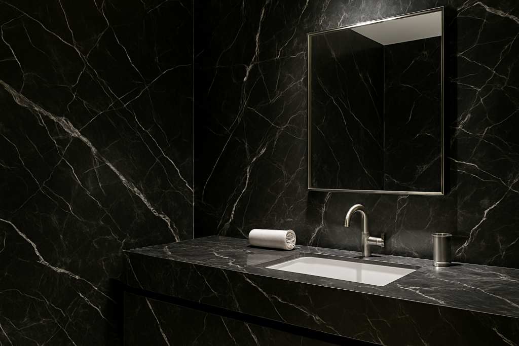 Baño elegante con lavabo y paredes revestidas en mármol negro con vetas blancas.