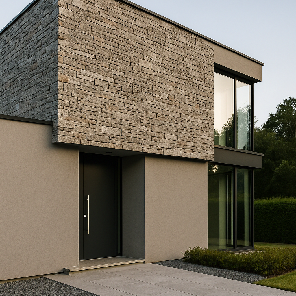Fachada moderna con revestimiento de piedra natural.