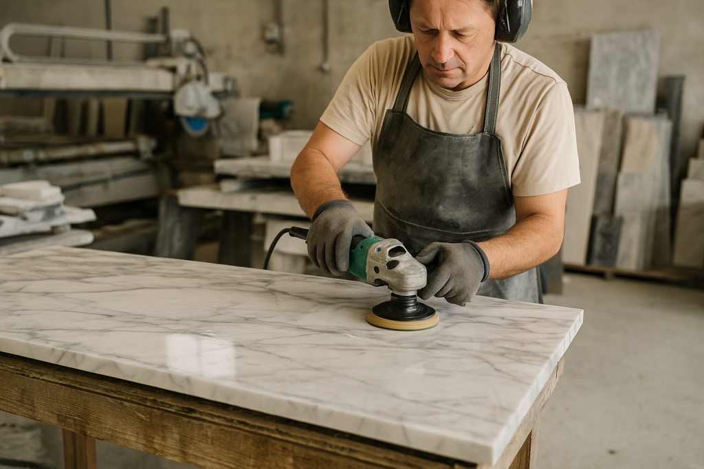 Fondo de taller de mármol con trabajador puliendo una losa.