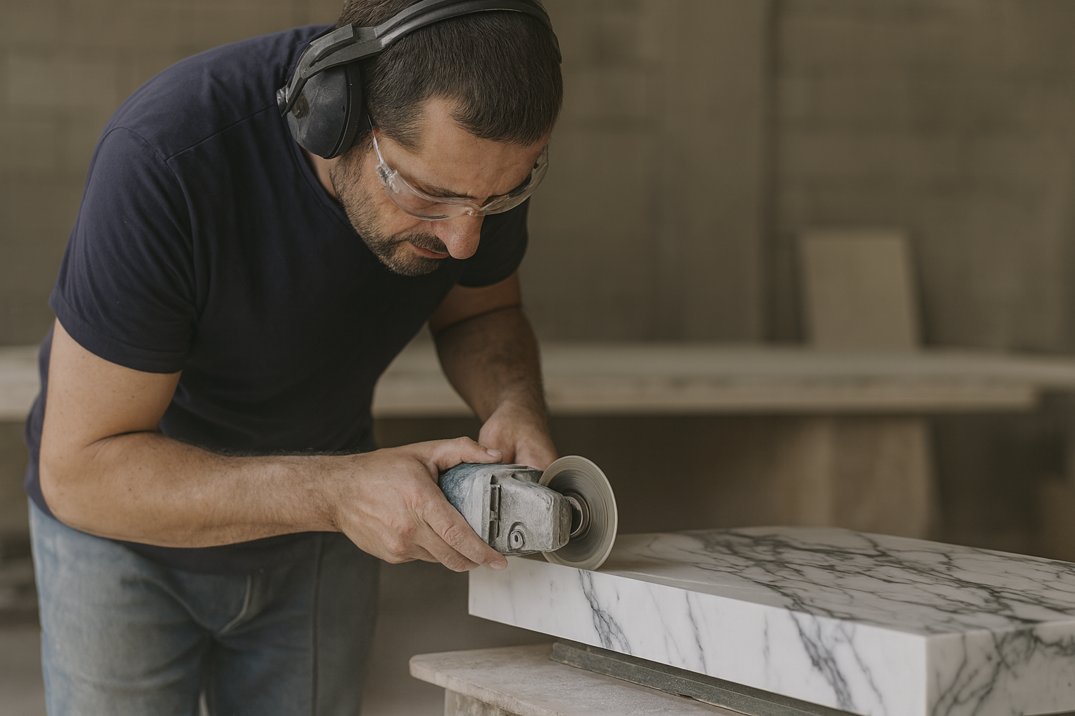 Taller de mármol en Yuncos (Toledo) con losas y mesa de trabajo